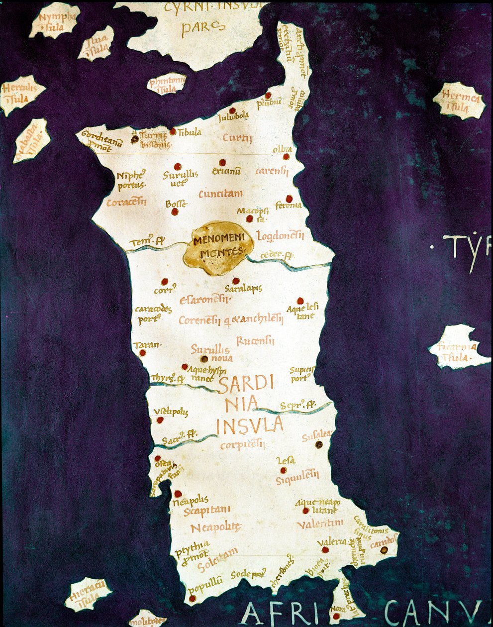 Sardinien (Sardegna). Detalje af et geografisk kort, der ledsager "Cosmographia"" (geografi) af Claude Ptomelee (2. århundrede e.Kr.), slutningen af ​​1400-tallets Napoli, Biblioteca dei Gerolamini af Unknown artist
