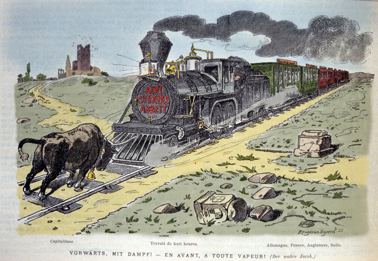 Satirisk allegorisk vignet: kapitalismens tyresymbol forsøger at stoppe arbejdsreformens tog. Hver vogn er designet til et land: Tyskland, Frankrig, England, Italien 1897 af Unknown artist