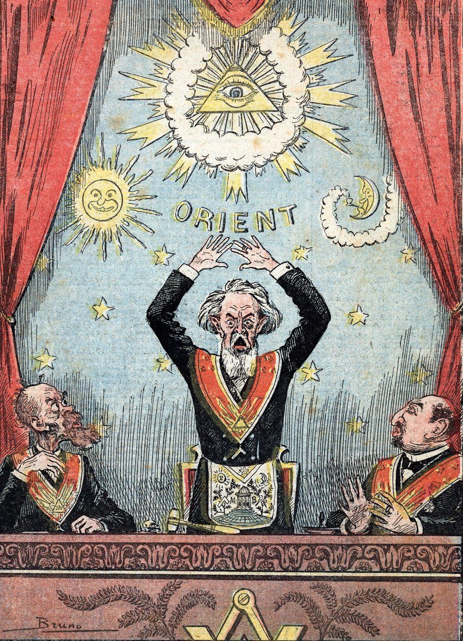 Satirisk fremstilling af en frimurerloge, stormesteren omgivet af frimurersymboler rører rasende på sig i sin loge) Karikatur fra "Le pelerin" 23/06/1912 Collection privee af Unknown Artist