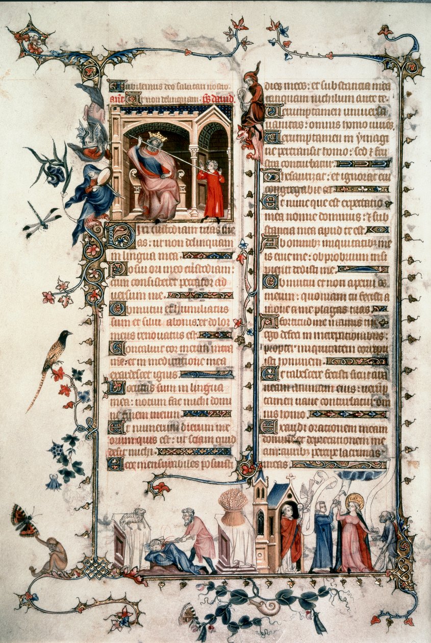 Saul truer David, Kain dræber Abel, Allegorier om eukaristien og næstekærligheden. Breviary af Belleville. 1323-1326. Ms. Lat. 10483 fol.24v. - Jean Maid. Belleville Breviary af Unknown artist