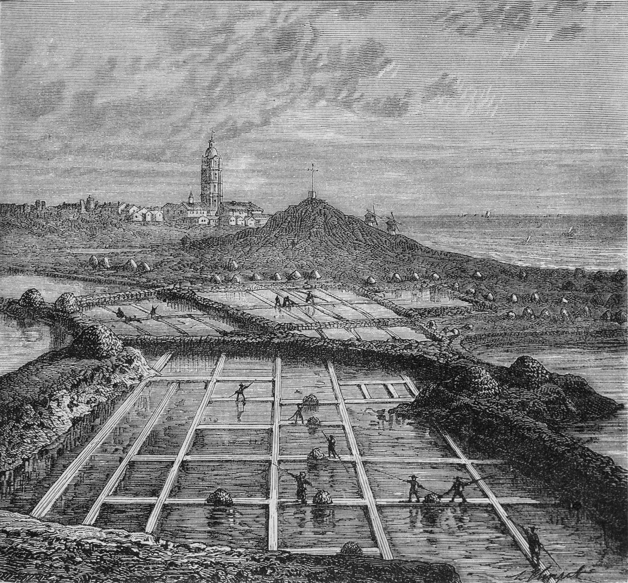 Sauniers i en saltmarsk i Bourg de Batz, nær Croizic (Bretagne) i Saunage-perioden. I "Industriens vidundere"" af Louis Figuier. af Unknown artist
