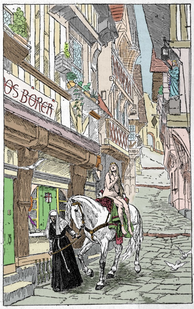 Saksisk legende: Godiva (Lady Godiva eller Godgifu), en saksisk kvinde, der i begyndelsen af år 1000 krydsede nøgen på hesteryg over gaderne i Coventry i England for at overbevise sin mand om at reducere de skatter, han opkrævede for at finansiere sin mili af Unknown artist