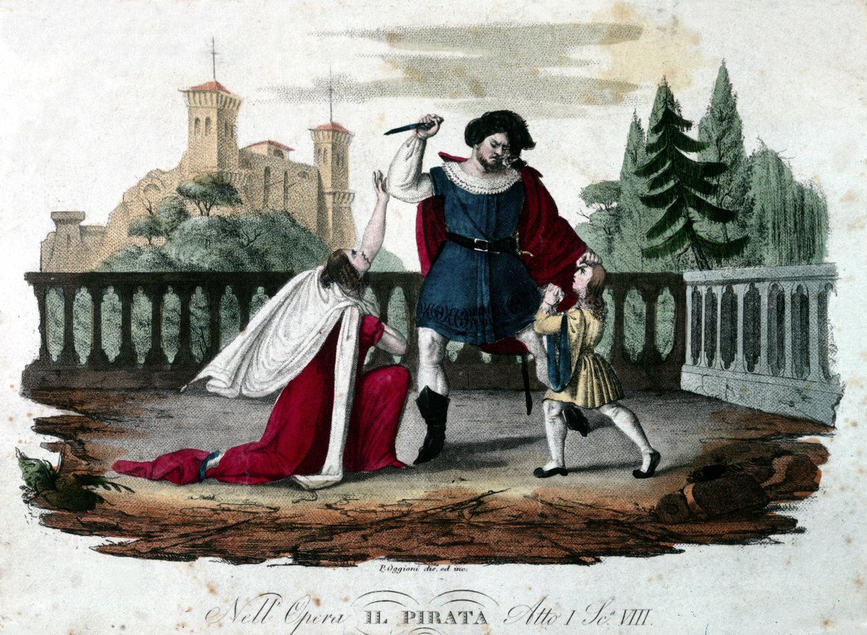 Scene 8 i akt V af "" Il pirata"" (Piraten) af Vincenzo Bellini. Coloree gravering fra 1827. Første forestilling på teatro alla Scala. af Unknown artist