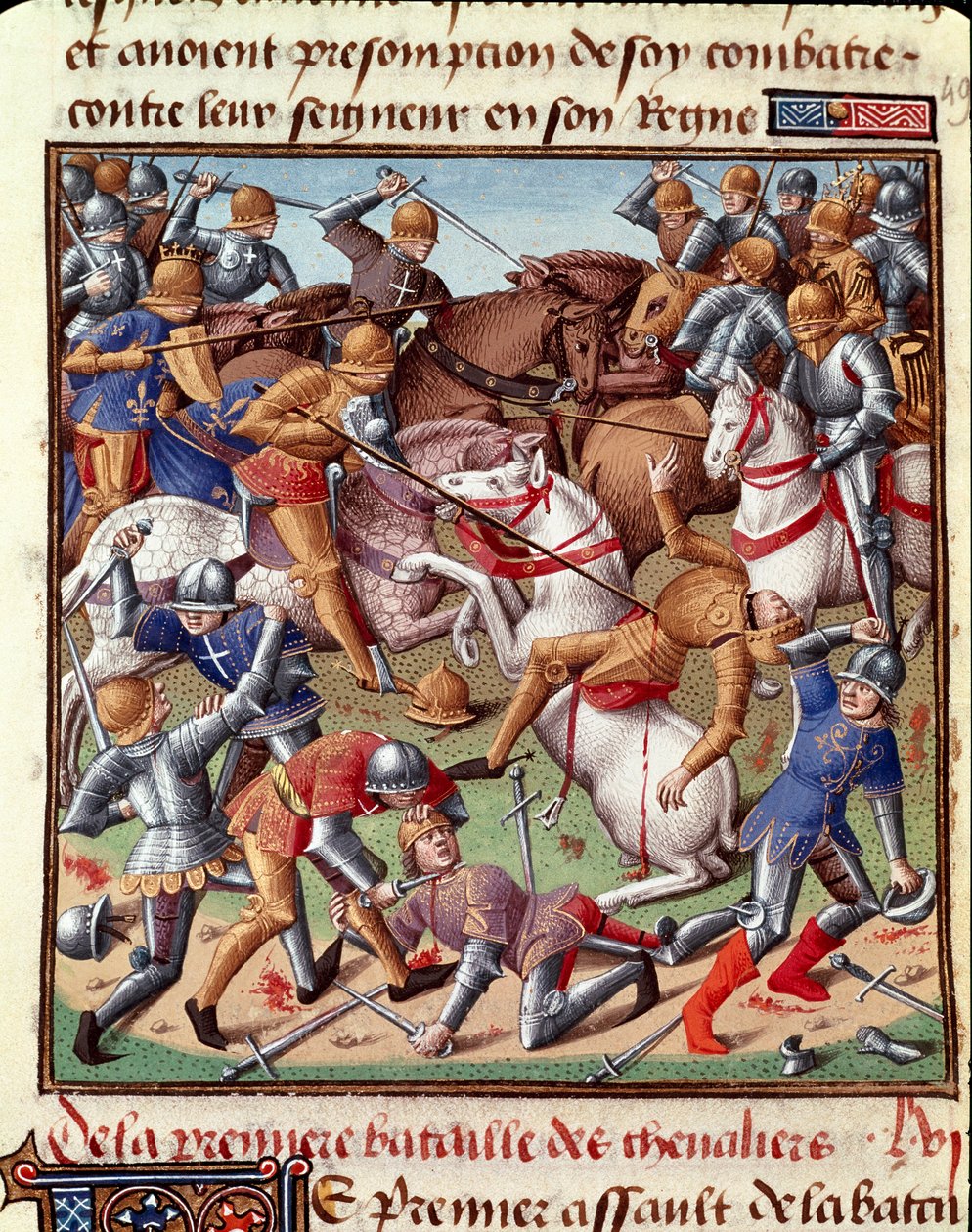 Scene de bataille Miniature i "" Le miroir historial"" (Speculum Historiale) (ms. 1196 fol. 408 r.) af Vincent de Beauvais (1190-1264) oversat til fransk af Jean de Vignay af Unknown artist