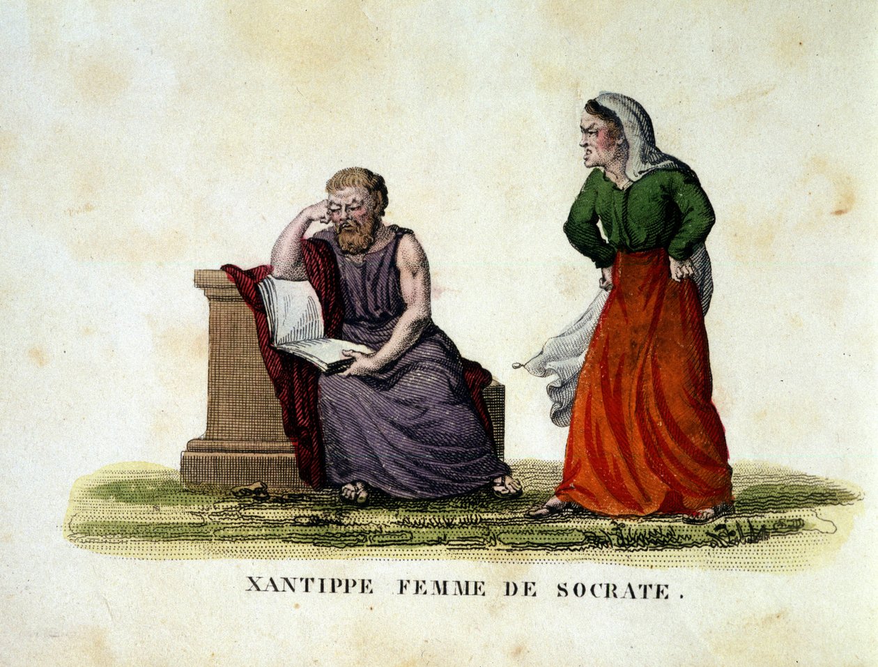 Scene de menage mellem Sokrates og hans kone Xantippe (Xanthippe) - gravering af Unknown artist