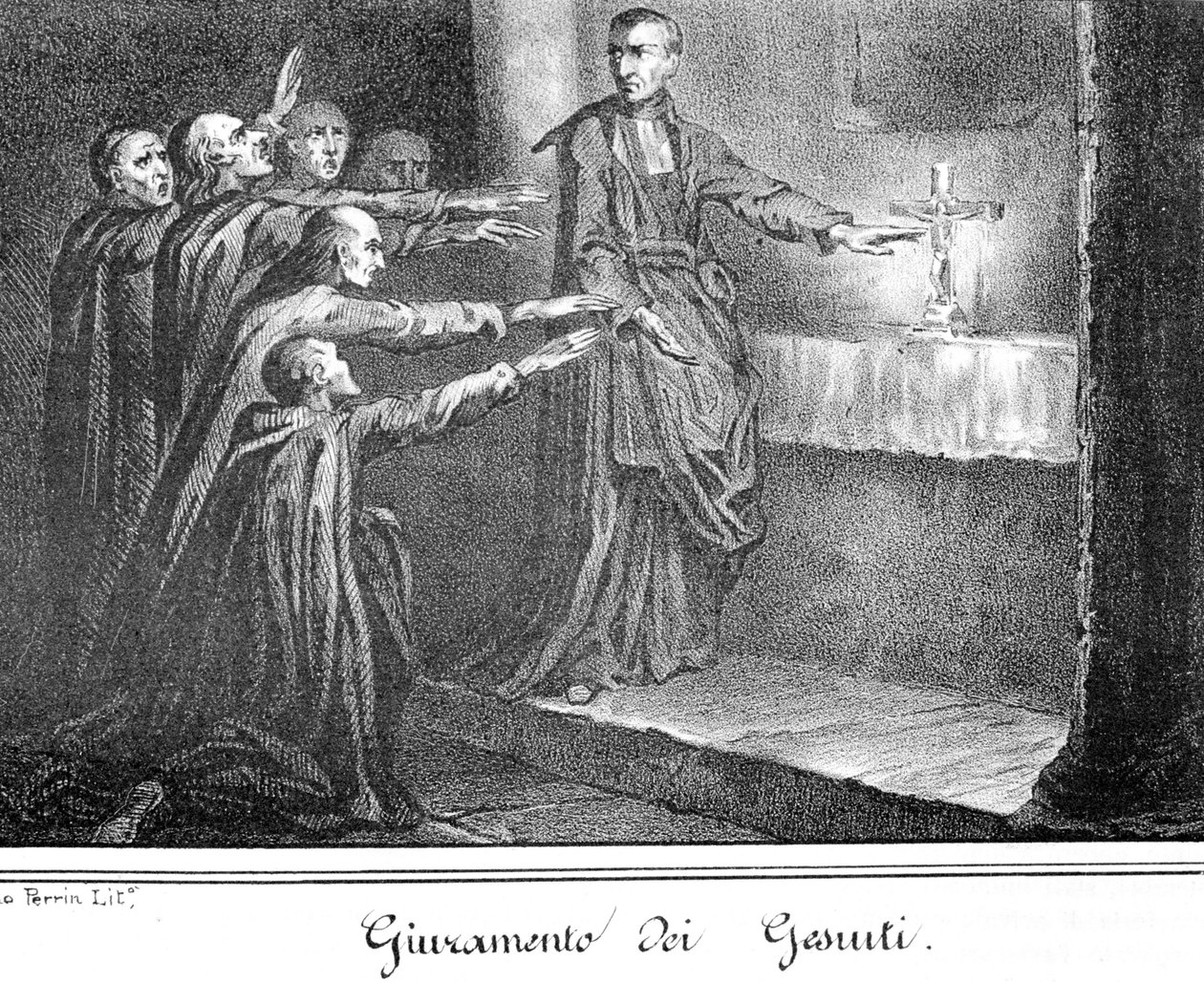 Scene, der forestiller jesuiter, der aflægger ed. Stik fra slutningen af 1800-tallet. af Unknown artist