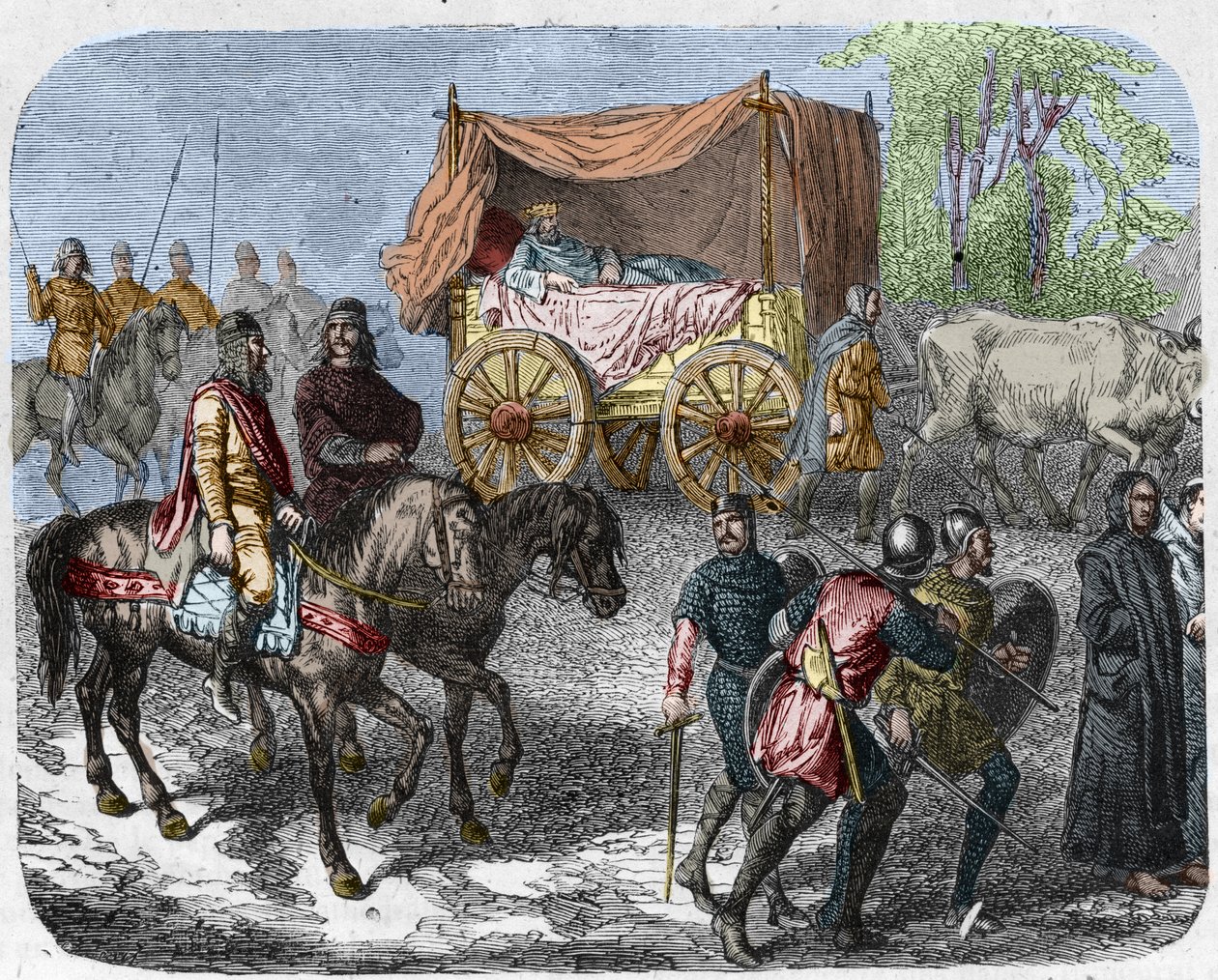 Scene, der forestiller de dovne konger: Kongen af Frankrig Thierry III (673-691) bærer i en tank med en seng trukket af okser. af Unknown artist