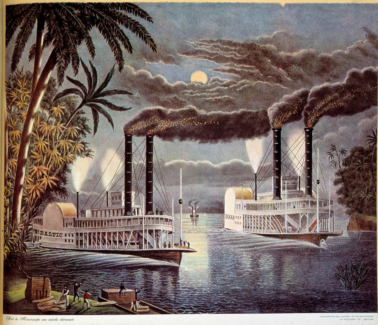 Scene for bådnavigation på Mississippi-floden i USA. 19. århundrede. Paris, dekorativ kunst af Unknown artist