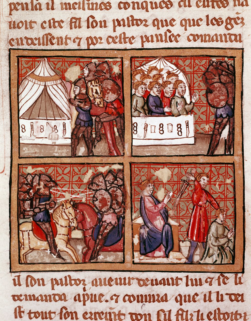 Scene for konfrontation mellem to fjendtlige lejre, en henrettelse nederst til højre. Side af et manuskript fra det 14. århundrede Biblioteca Marciana Venedig af Unknown artist