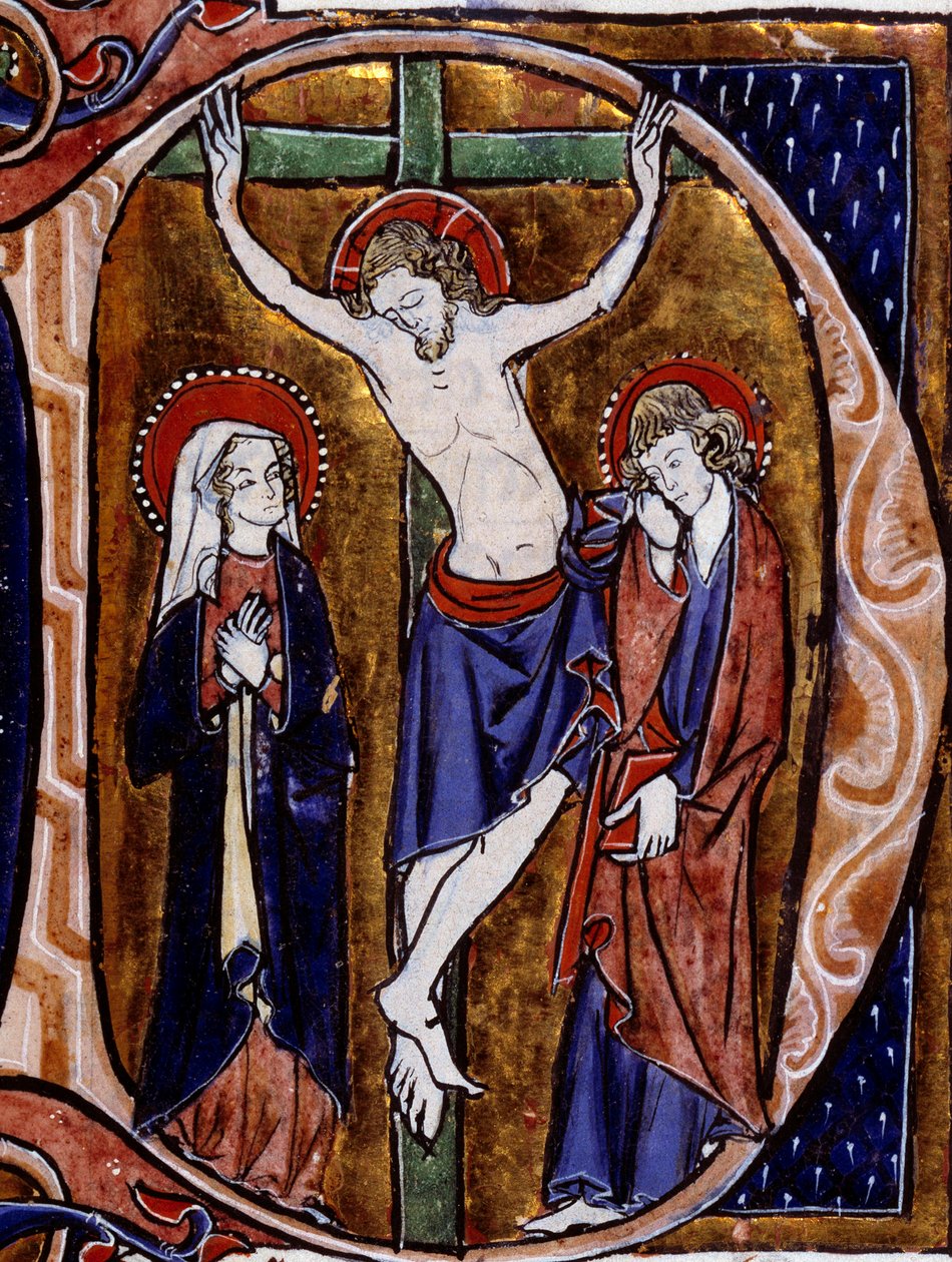 Korsfæstelsesscene i et brevpapir (bogstav D). Miniature i "" Speculum historiale"" af Vincent De Beauvais (1100-tallet) af Unknown artist