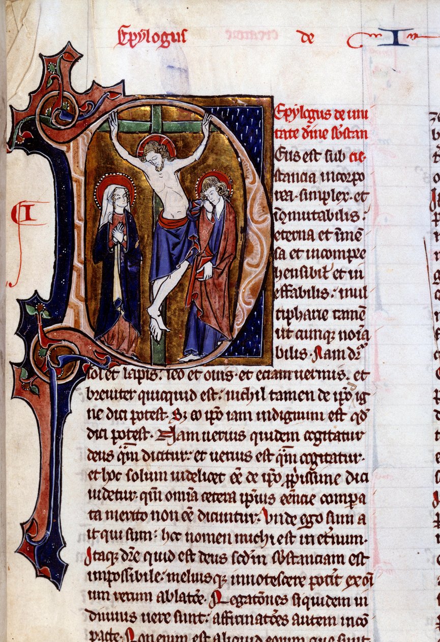 Korsfæstelsesscene i et brevpapir (bogstav D). Miniature i "" Speculum historiale"" af Vincent De Beauvais (1100-tallet) af Unknown artist