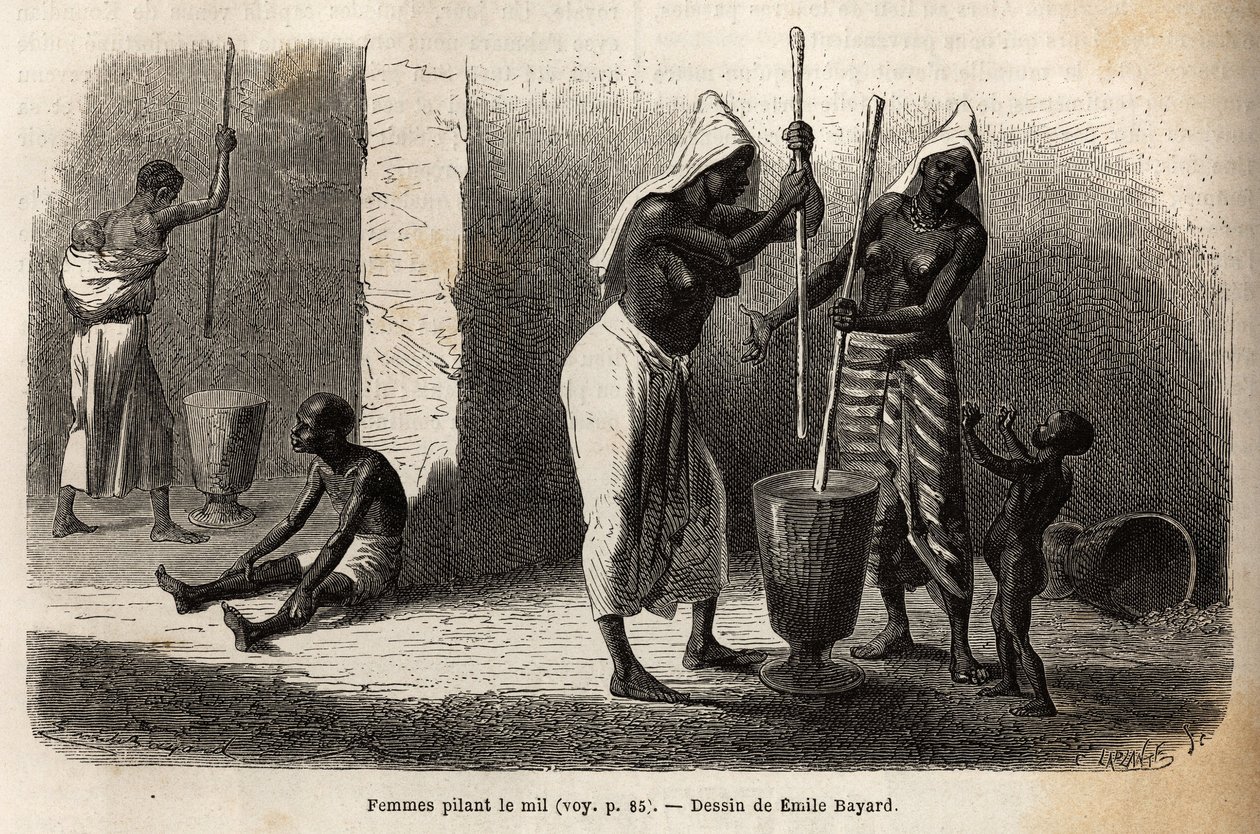 Scene i det daglige liv: kvinder, der hamrer hirse, i Sekou (Niger), omgivet af børn. Gravering til illustration af løjtnant (Flåden) M. Mages rejse til Vestsudan i 1863-1866, offentliggjort i "Le tour du monde, nouveau journal des voyages", under dir. af Unknown artist