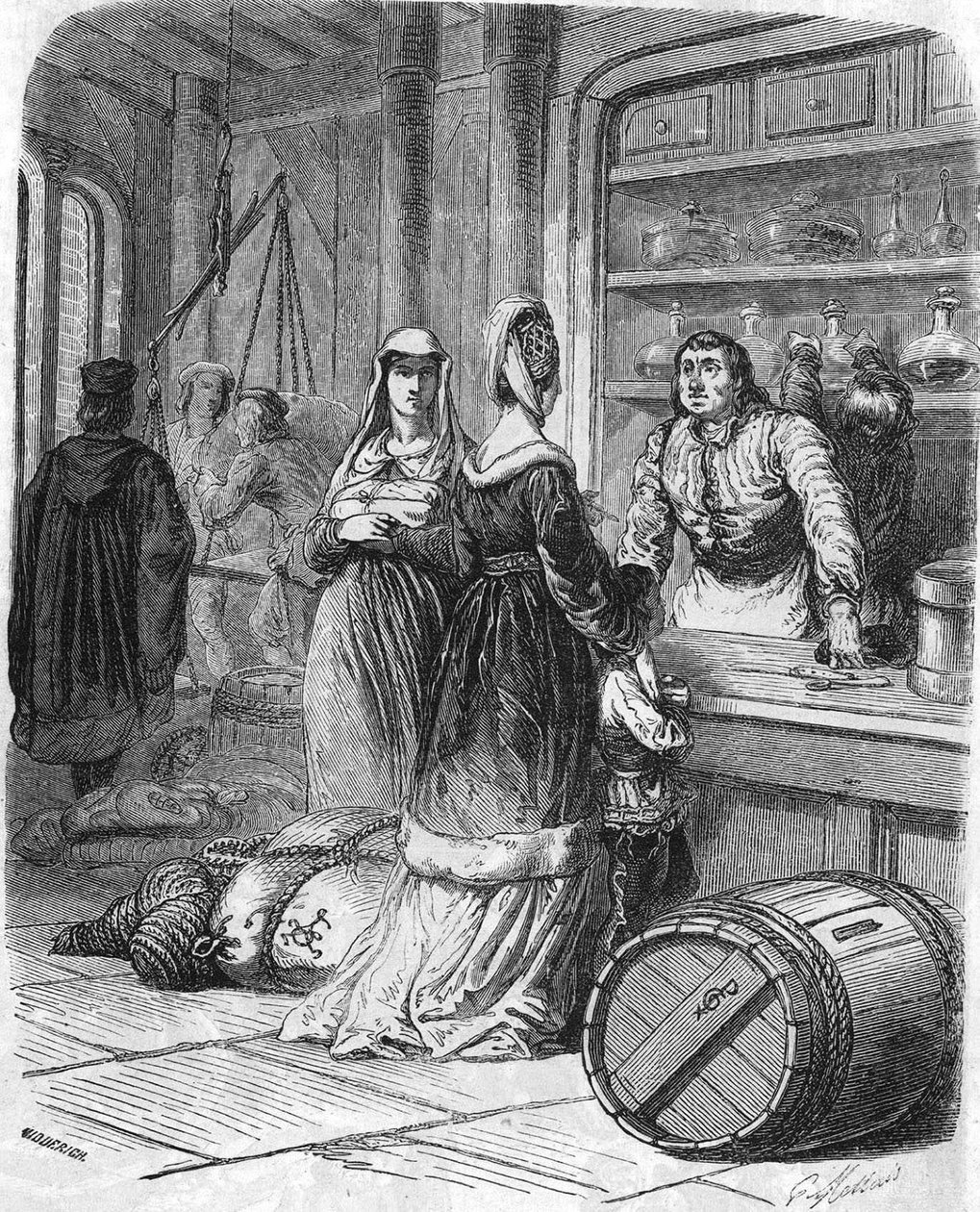 Scene i hverdagen, butik i det 15. århundrede. af Unknown artist