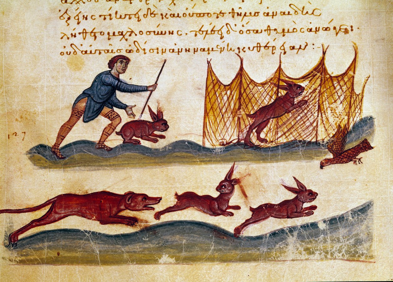 Scene med jagthare Miniature taget fra jagtbranchen "" The Cynegetics"" af Oppian (Oppian eller Oppianus) fra Syrien (3. århundrede e.Kr.) dedikeret til Caracalla. Venedig fra det 11. århundrede. Biblioteca Marciana af Unknown artist