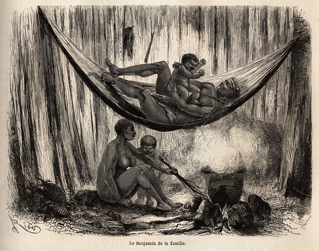 Scene fra Yahuas-indianernes familieliv fra missionen San Jose (Peru), manden leger med sit sidste n i en hængekøje, mens konen og lyskebarnet forbereder stilke af palme-chambira, bestemt til at lave hængekøjer-net, hvori Yahuas udmærker sig. Engra af Unknown artist