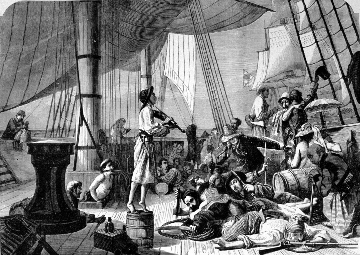 Scene på dækket af et piratskib. 1800-tals gravering. af Unknown artist