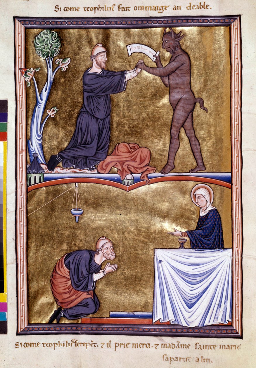 Scener fra munken Sankt Theophiles liv (6. århundrede). Han kaldte på djævelen for at få ham ud af tiggeriet. Han bod resten af sit liv. Miniature fra “” Psalter of Ingeburg of Denmark””, omkring 1210. Sainte Genevieve Library af Unknown artist