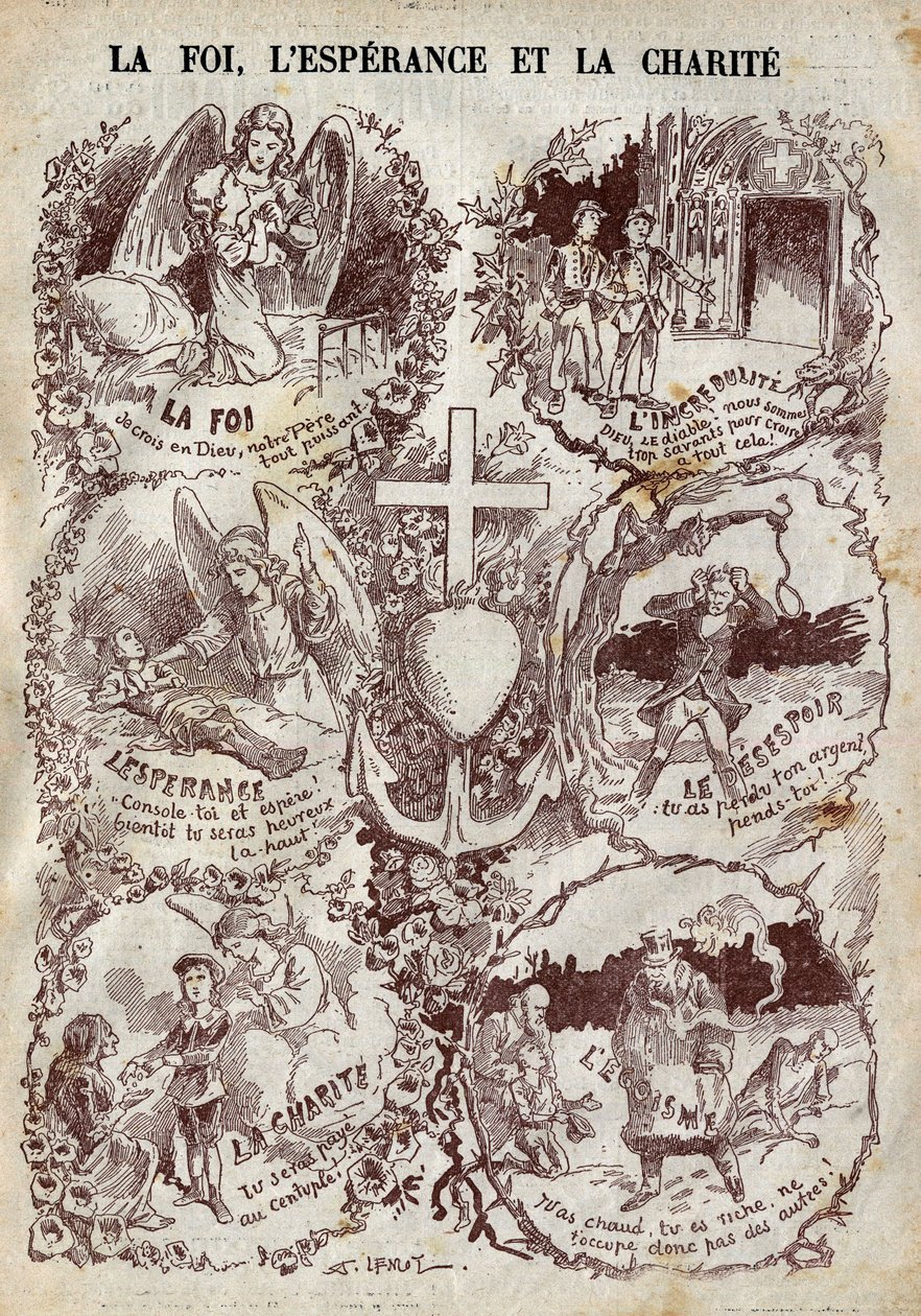 Scener, der illustrerer tro, håb, næstekærlighed og deres modsætning, incredulit, desperation og egoisme. Illustration i "" Le Pelerin"" af 27. marts af Unknown artist