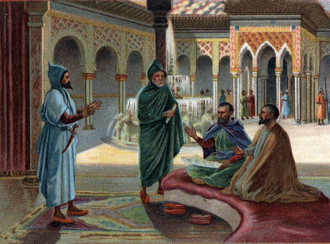Scener af forsvundne kongeriger: maurisk råd (maurisk, navn givet til arabere, der besatte en del af Spanien) i Alhambra-paladset i Granada. Granada er den sidste mauriske stat, færdig i 1482. Kromolitografi af det 19. århundrede. af Unknown artist