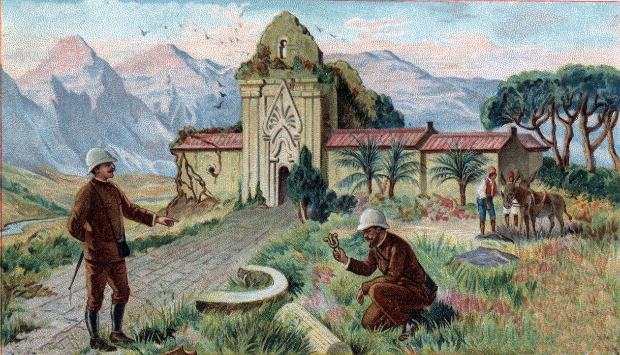 Scenes of Missing Kingdoms: Tempel i bjergene i Qui-Nhon-provinsen i Cambodia. Kromolitografi af det 19. århundrede. af Unknown artist
