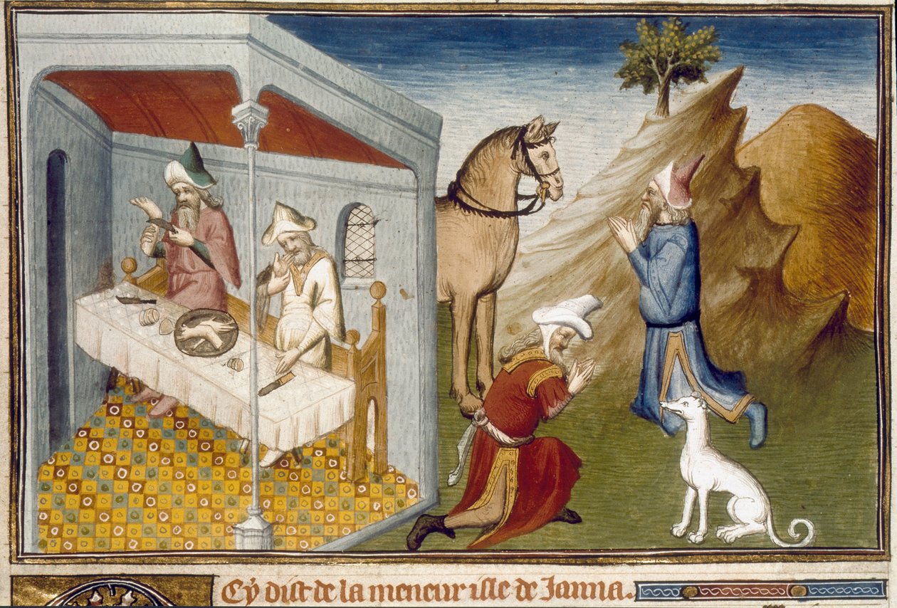 Scener af antropofagi og afgudsdyrkelse i Sumatra Miniature taget fra Marco Polo (1254-1324) af Unknown artist