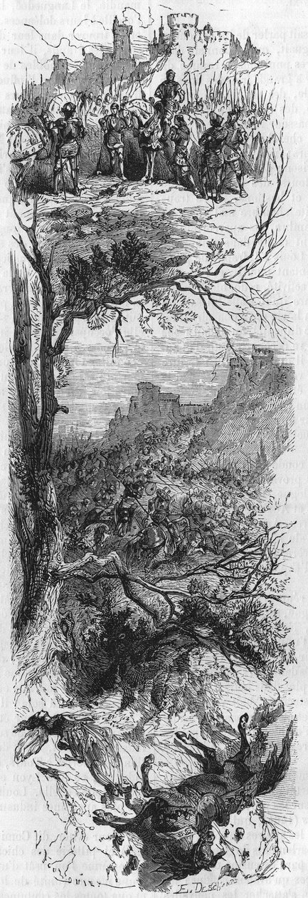 Scener af kampe. Louis XI gav en halskæde til Raoul de Lannoi (1481), Combat de Therouanne (1480) og Marie de Bourgogne såret af et fald af en hest (1482). Indgravering af det 19. århundrede. af Unknown artist