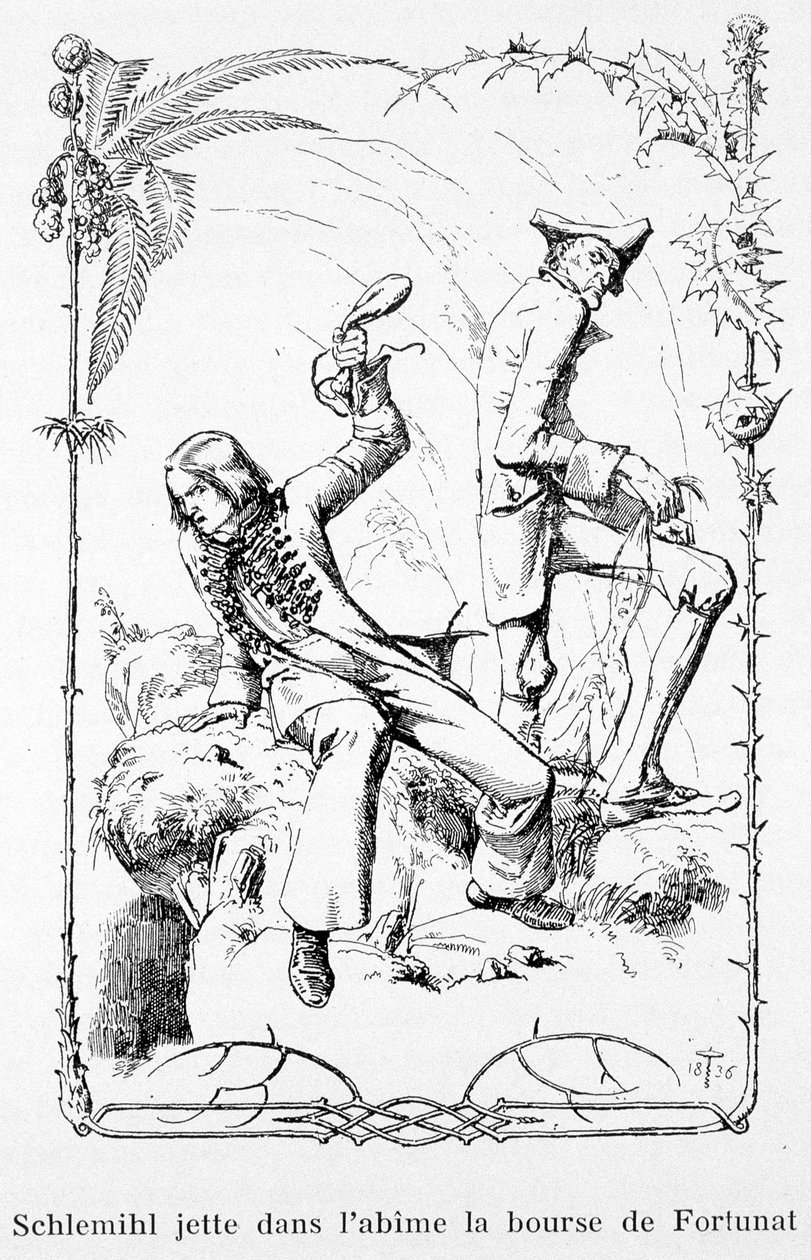 Schlemihl kaster Fortunats pung i afgrunden - i "Den vidunderlige historie om Pierre Schlemihl" af Aldebert Von Chamisso af Unknown artist