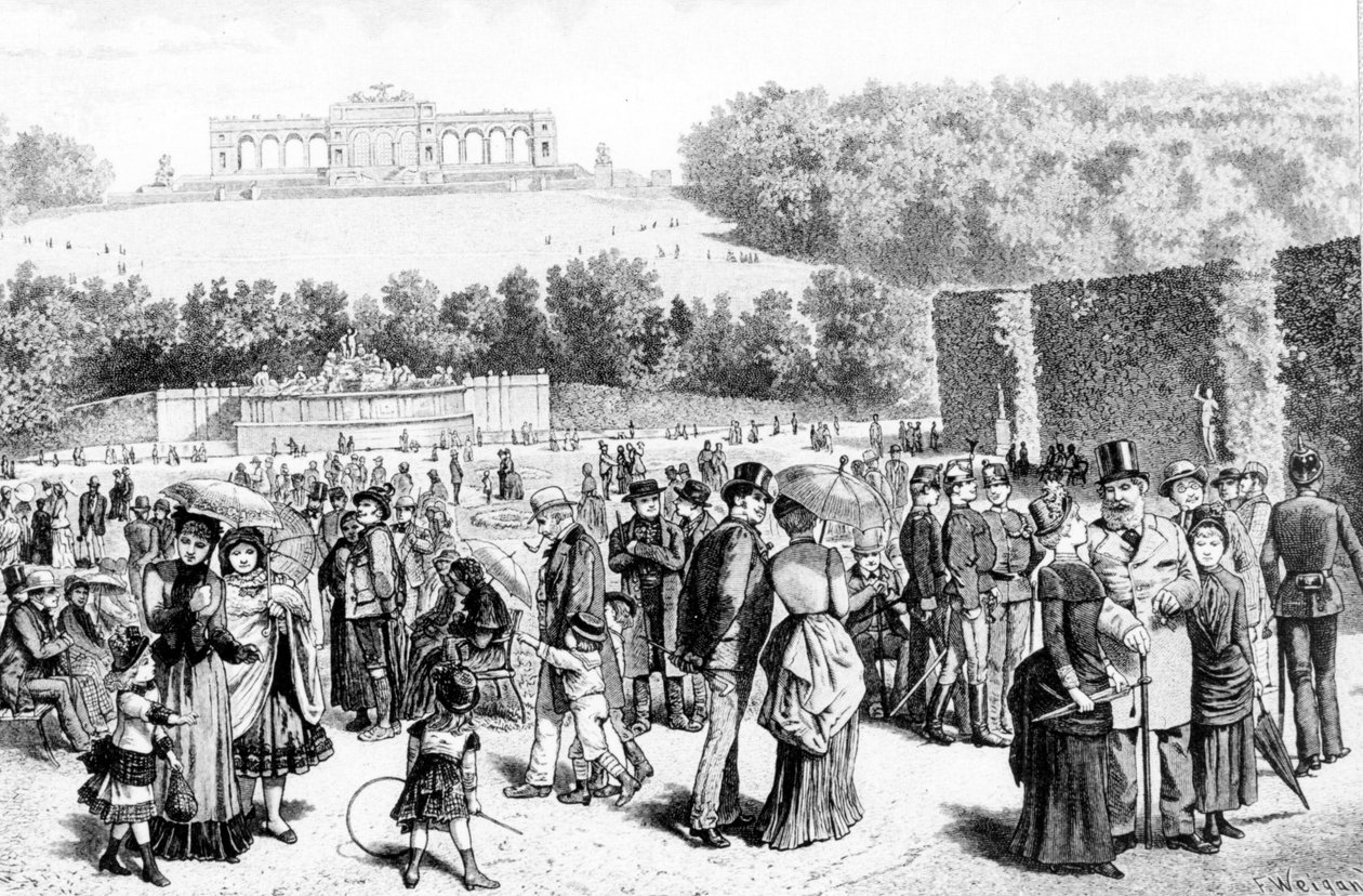 Schonbrunn Park, et kompleks af paladser og haver beliggende ikke langt fra Wien, var sommerresidens for den habsburgske familie siden det 18. århundrede. Litografi af det 19. århundrede. af Unknown artist