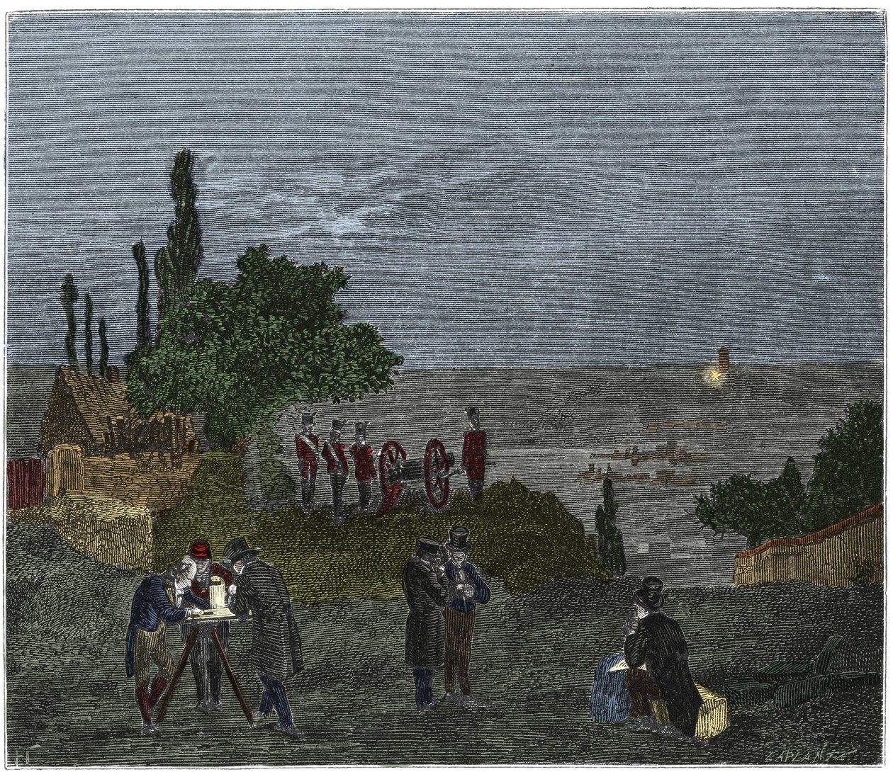 Videnskabeligt eksperiment: beregning af lydens hastighed, af Humboldt, Louis-Joseph Gay-Lussac (Louis Joseph Gay-Lussac), Bouvard, Prony og Mathieu, som bestemmer den tid, der går mellem perceptionen af lys og det af et pistolskud, om natten af Unknown artist