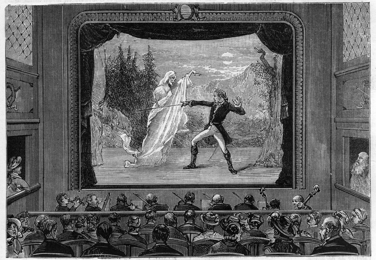 Videnskabelige viser: levende spektre. Oplev spektrene på teaterscenen. En komiker bekæmper et spøgelse. Gravering i ""La Nature"" af Unknown artist