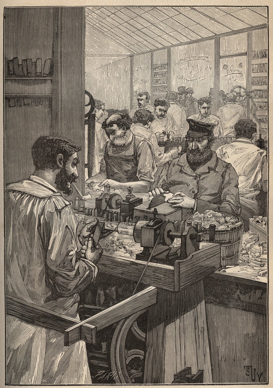 Sea sequim: fremstilling af hav sequim rør. Indgravering fra 1885 i "" Les arts et metiers illustres"" af Adolphe BITARD. af Unknown artist