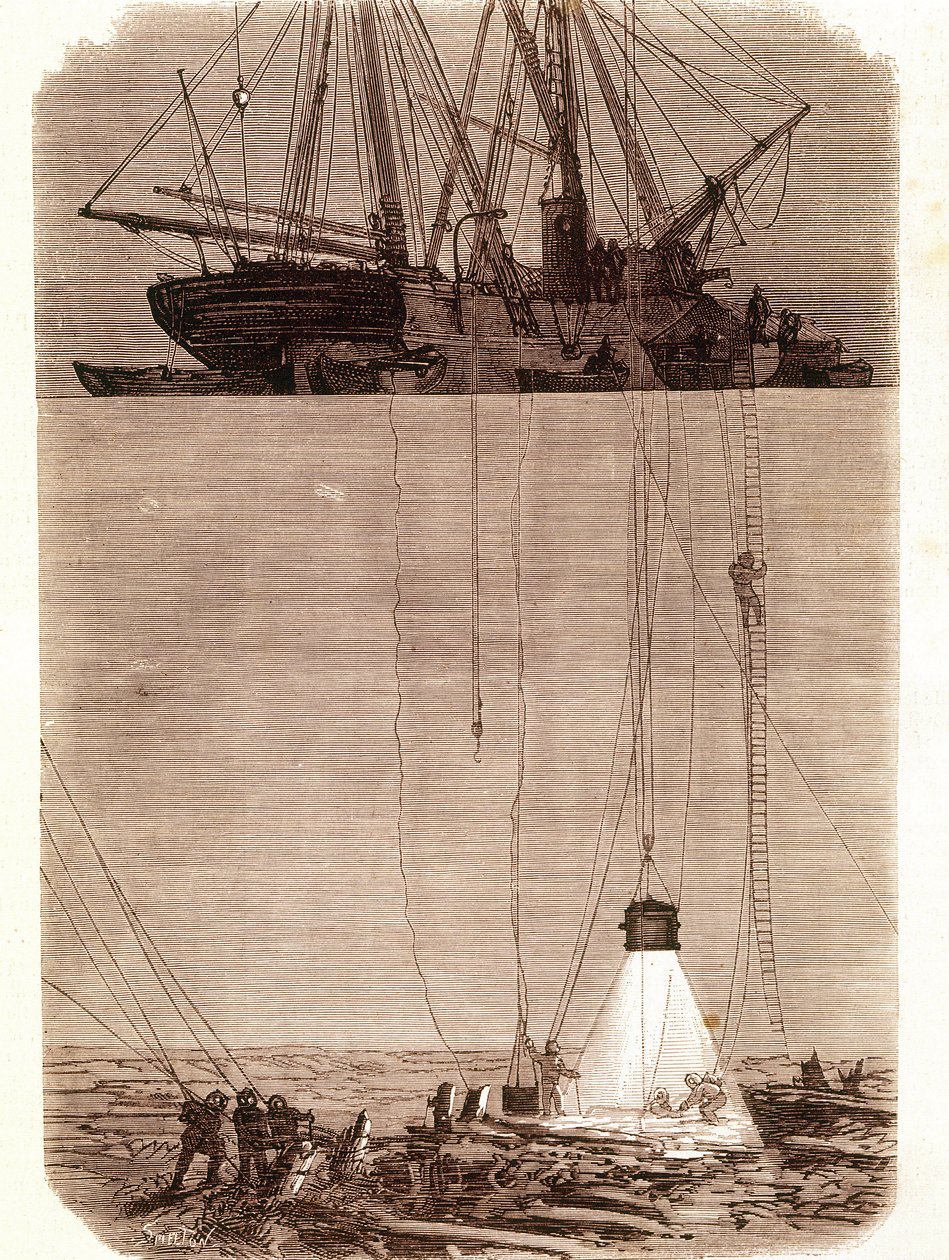 Søg efter spanske galeoner skibbrudne i Vigo Bay i 1702. Side taget fra "" Emporio Picturesco"" 1871 af Unknown artist