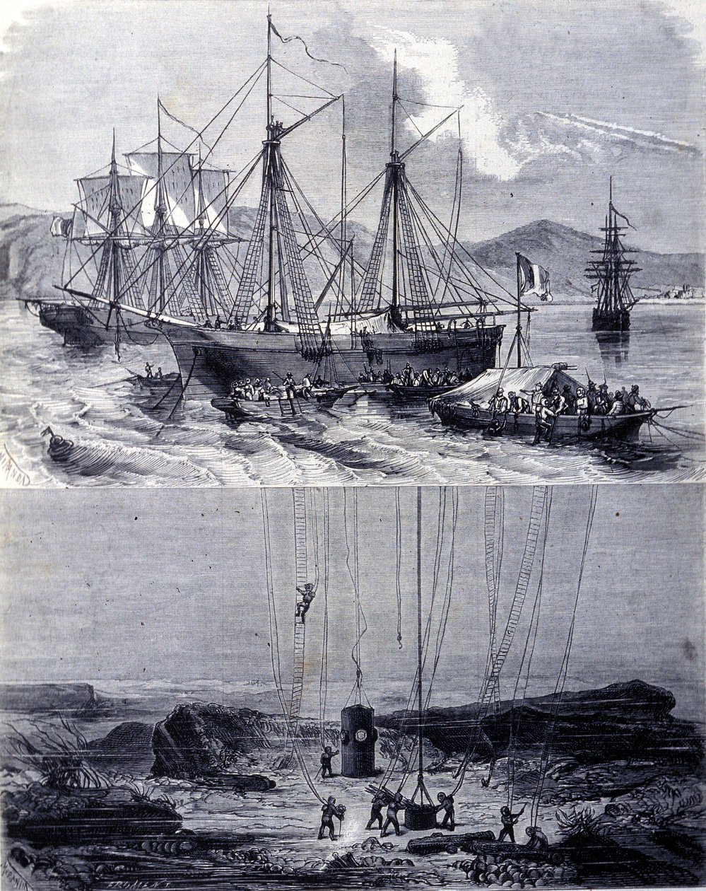 Søg efter spanske galions skibsvrag i Vigo Bay i 1702. 1800-tallet af Unknown artist