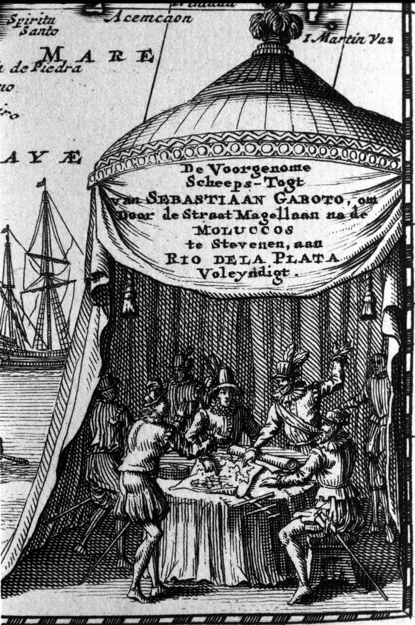 Sebastiano Caboto (Sebastien Cabot) repræsenterer på patronen af et navigationskort med andre navigatører. Begyndelsen af det 17. århundrede. af Unknown artist