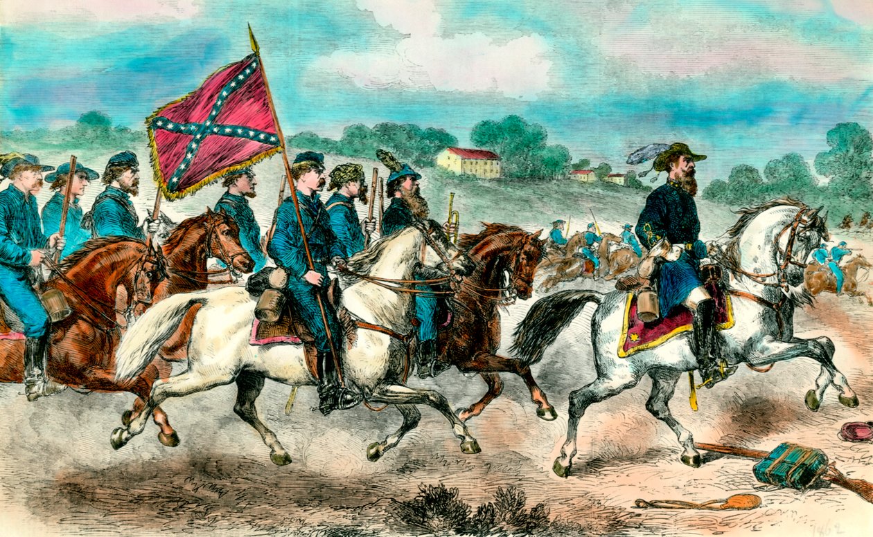 Løsrivelseskrig: "" General Stuart med konfødereret kavaleri i 1862"" Indgravering af det 19. århundredes private samling af Unknown artist