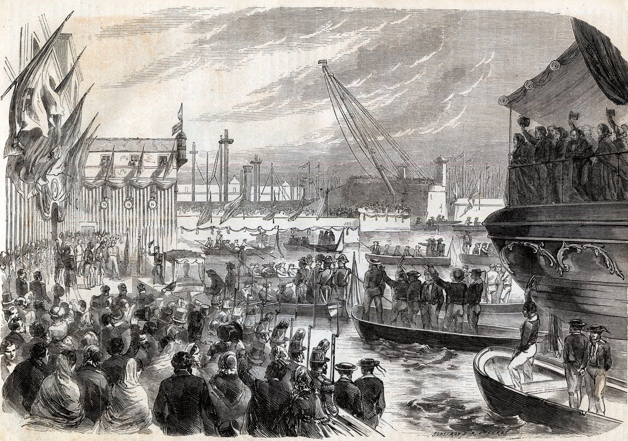 Anden italienske uafhængighedskrig, italiensk kampagne i 1859: Napoleon III (1808-1873) i havnen i Genes 12/05/1859 - Frenchs ankomst til Genova, 12. maj af Unknown artist
