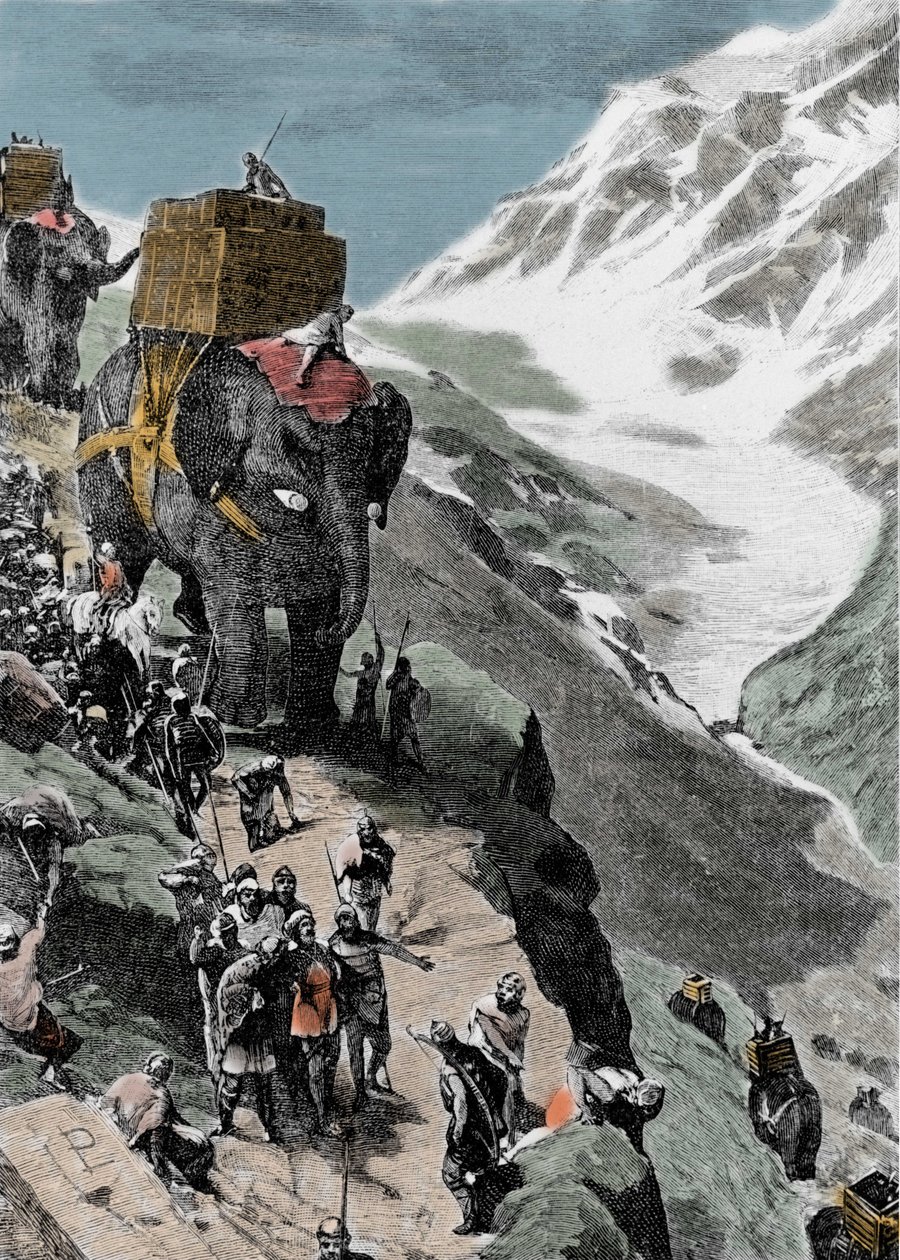 Anden puniske krig. Hannibal Barcas hær krydser Alperne, 218 f.Kr. Italiensk stik fra det 19. århundrede. af Unknown artist