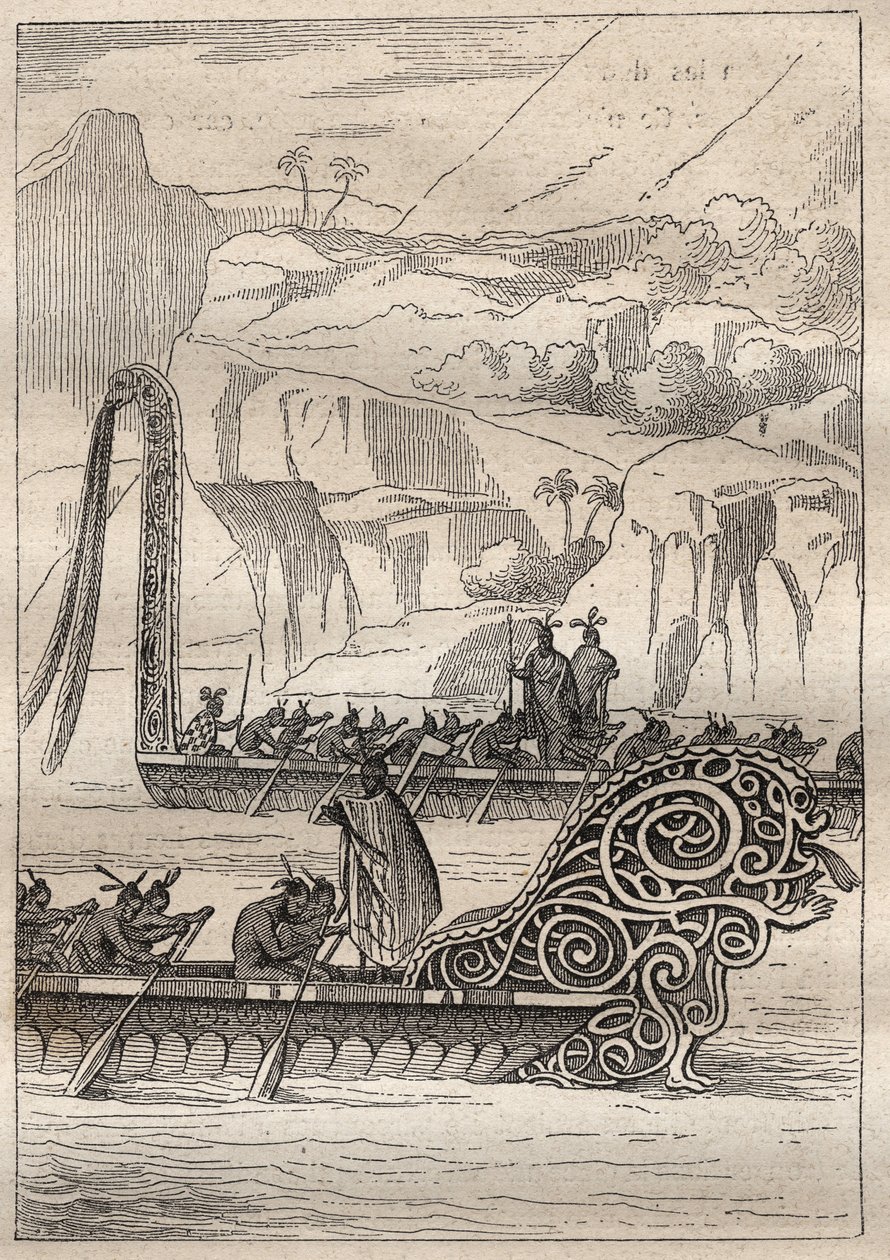 Anden rejse (1772-1775) af kaptajn James Cook (1728-1779): Neo-Zelandans krigskanoer (Neo Zelandaises) - illustration taget fra "" The Great Mariners of the 18th century"" af Unknown artist