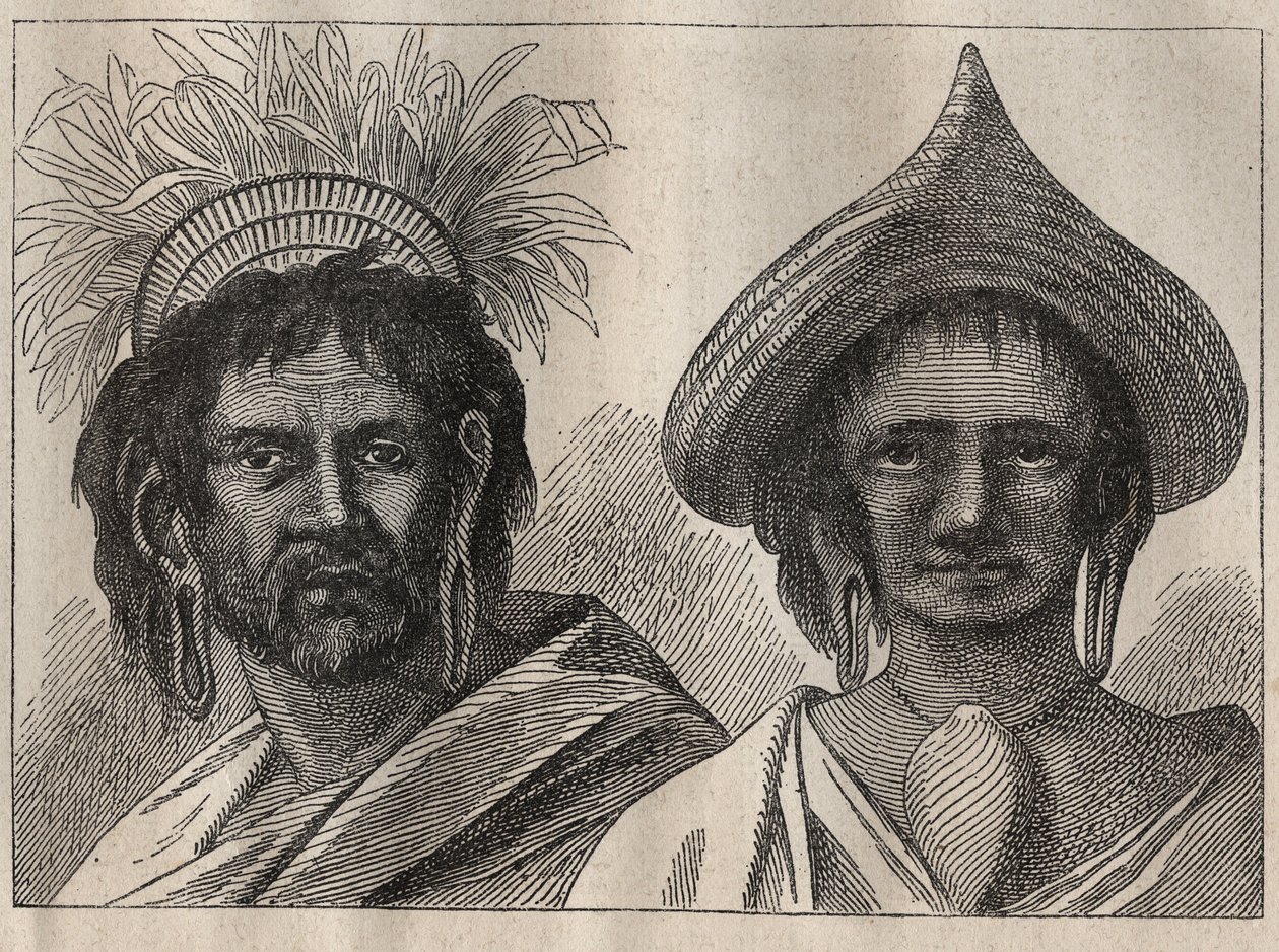Anden rejse (1772-1775) af kaptajn James Cook (1728-1779): mand og kvinde på Påskeøen - illustration fra "The Great Mariners of the 18th century"" af Unknown artist