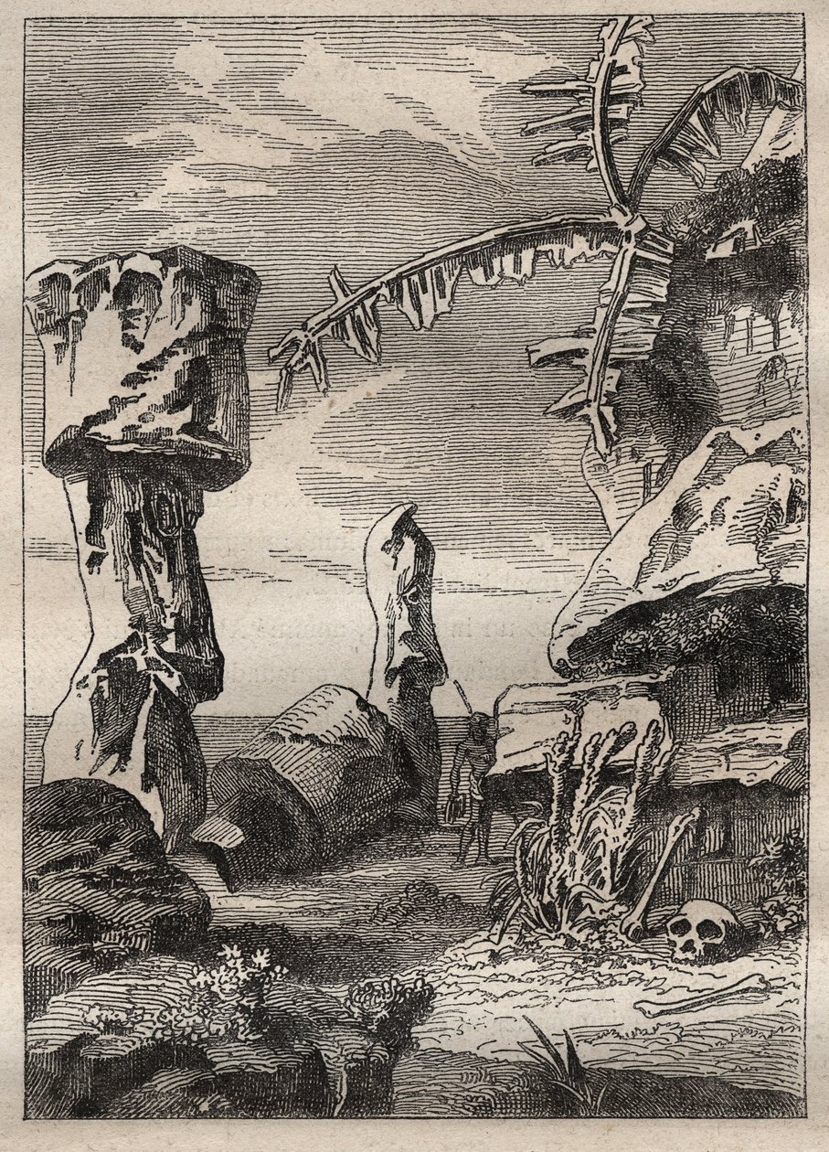 Anden rejse (1772-1775) af kaptajn James Cook (1728-1779): monumenter på Påskeøen (monumentale statuer, moai) - illustration taget fra "" The Great Mariners of the 18th century"" af Unknown artist