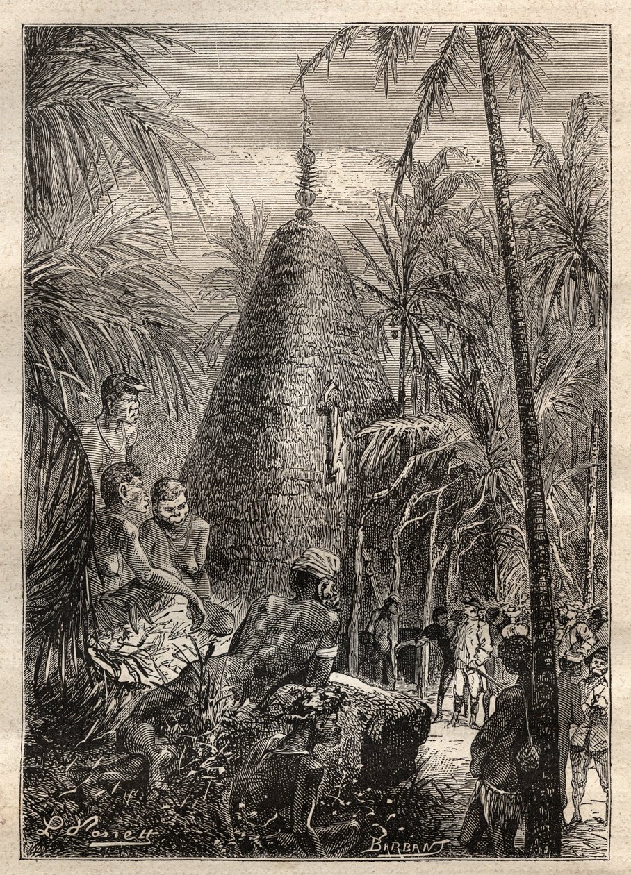 Anden rejse (1772-1775) af kaptajn James Cook (1728-1779): traditionelt cirkulært hus, på taget af en betydelig forhøjning (Ny Kaledonien) - illustration taget fra "The Great Mariners of the 18th century"" af Unknown artist