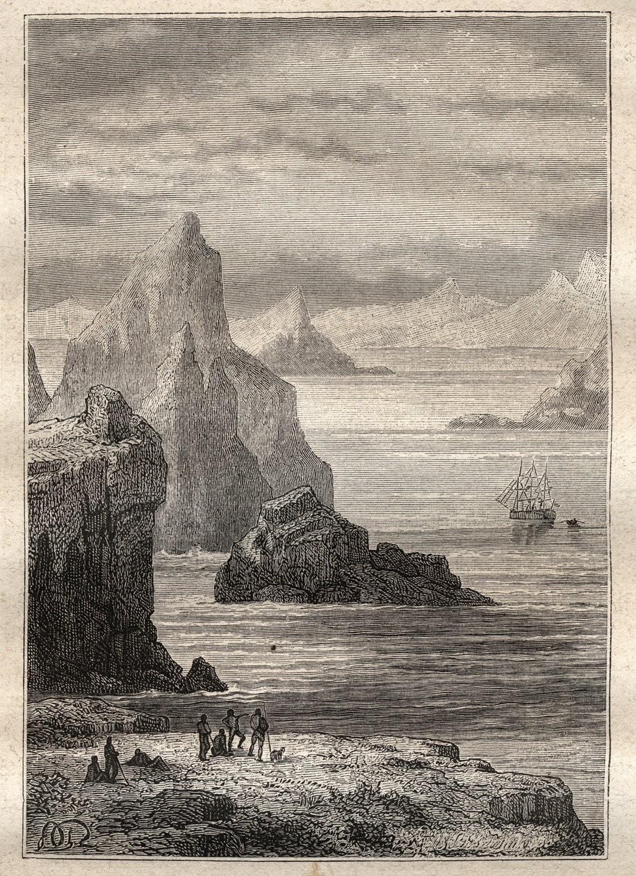 Anden rejse (1772-1775) af kaptajn James Cook (1728-1779): udsigt over Noel-kanalen, Terre de Fuego - illustration taget fra "The Great Mariners of the 18th century"" af Unknown artist