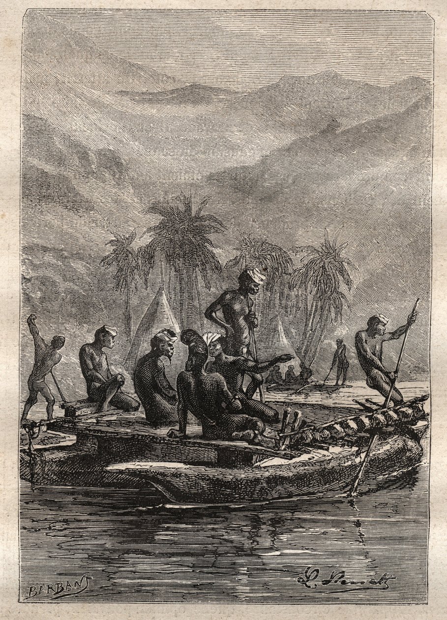 Anden rejse (1772-1775) af kaptajn James Cook (1728-1779): de indfødte havde selvtillid nok til at nærme sig og udveksle (Ny Kaledonien) - illustration taget fra "The Great Mariners of the 18th century" af Unknown artist