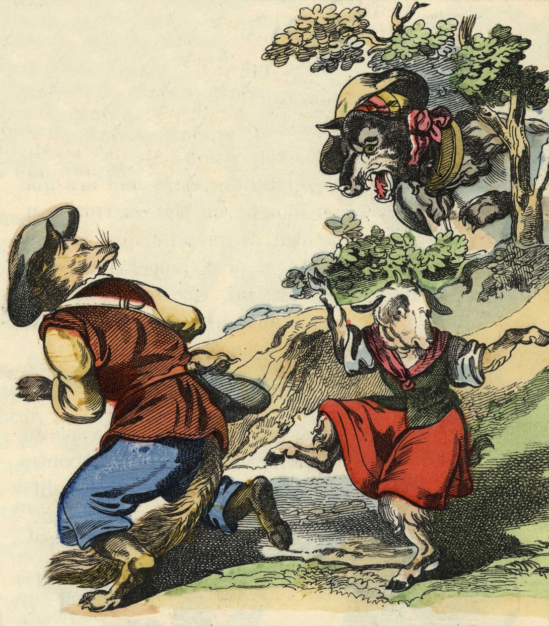 Da mester Fox så ulven, flygtede han og efterlod Lille Chevrette i fare. Illustration af fortællingen "Bon medor og Lille Chevrette". I “”Fortællinger fra hjemmet for de mindste””. Anonym gravering af det 19. århundrede. af Unknown artist