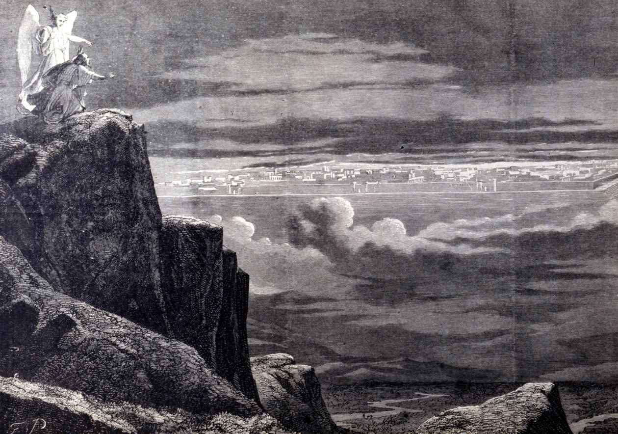Set af det himmelske Jerusalem; billede af det jordiske Jerusalem efter den sidste dom, stiger det ned fra himlen for at slå sig ned på jorden. Indgravering af det 19. århundrede. af Unknown artist