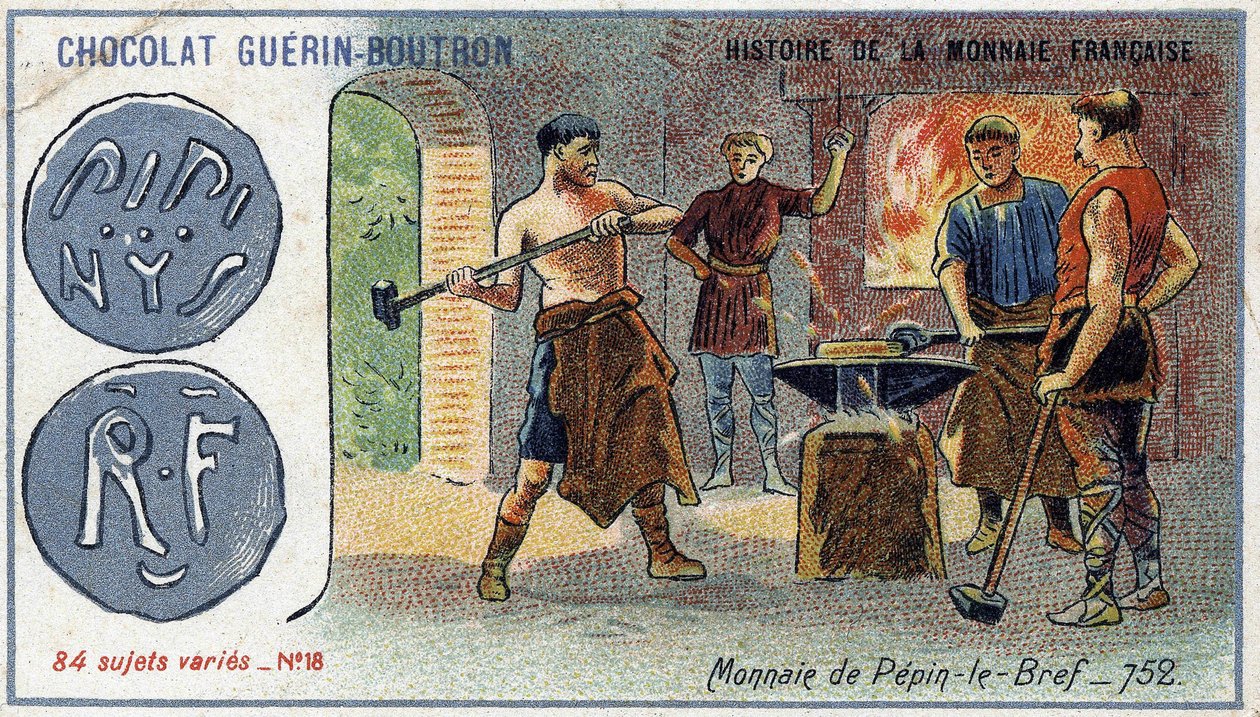 Serien History of the French Currency udgivet af Chocolat Guérin Boutron. 1800-tallets kromolitografi. Pepin valuta kort i 752 af Unknown artist