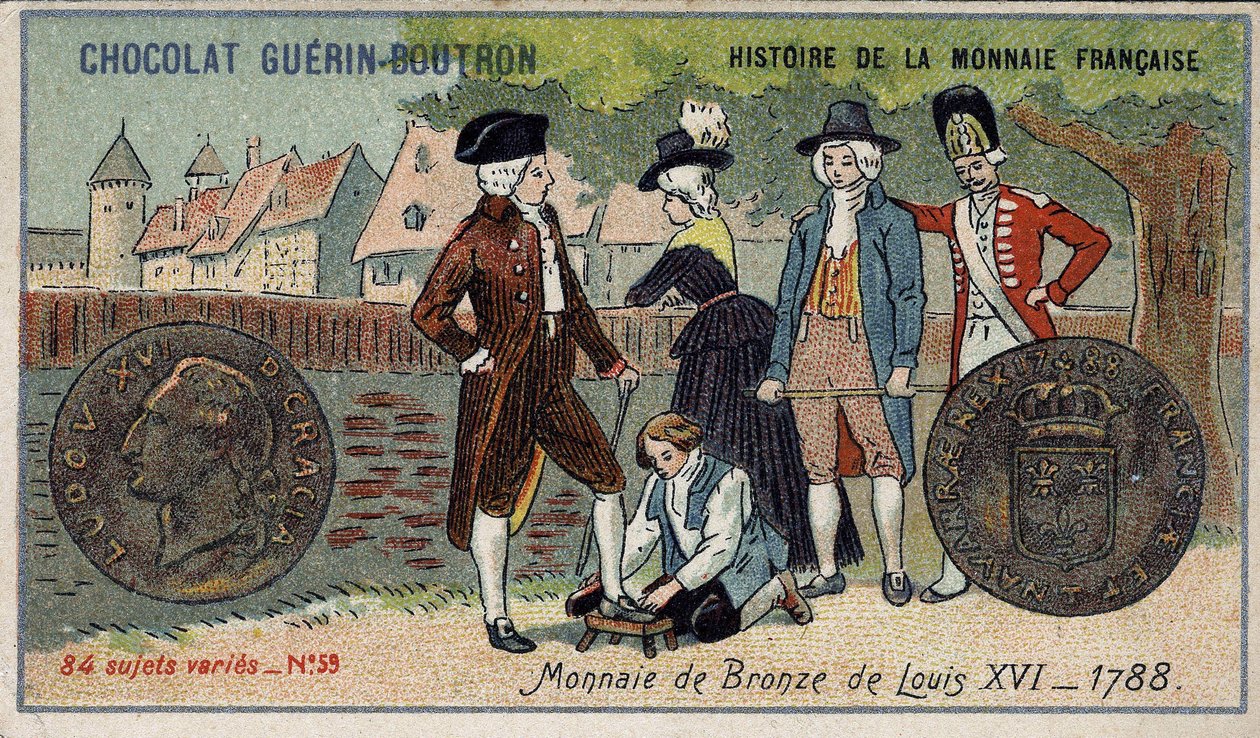 Serien History of the French Currency udgivet af Chocolat Guérin Boutron. 1800-tallets kromolitografi. Bronzemønt af Louis XVI i 1788 af Unknown artist
