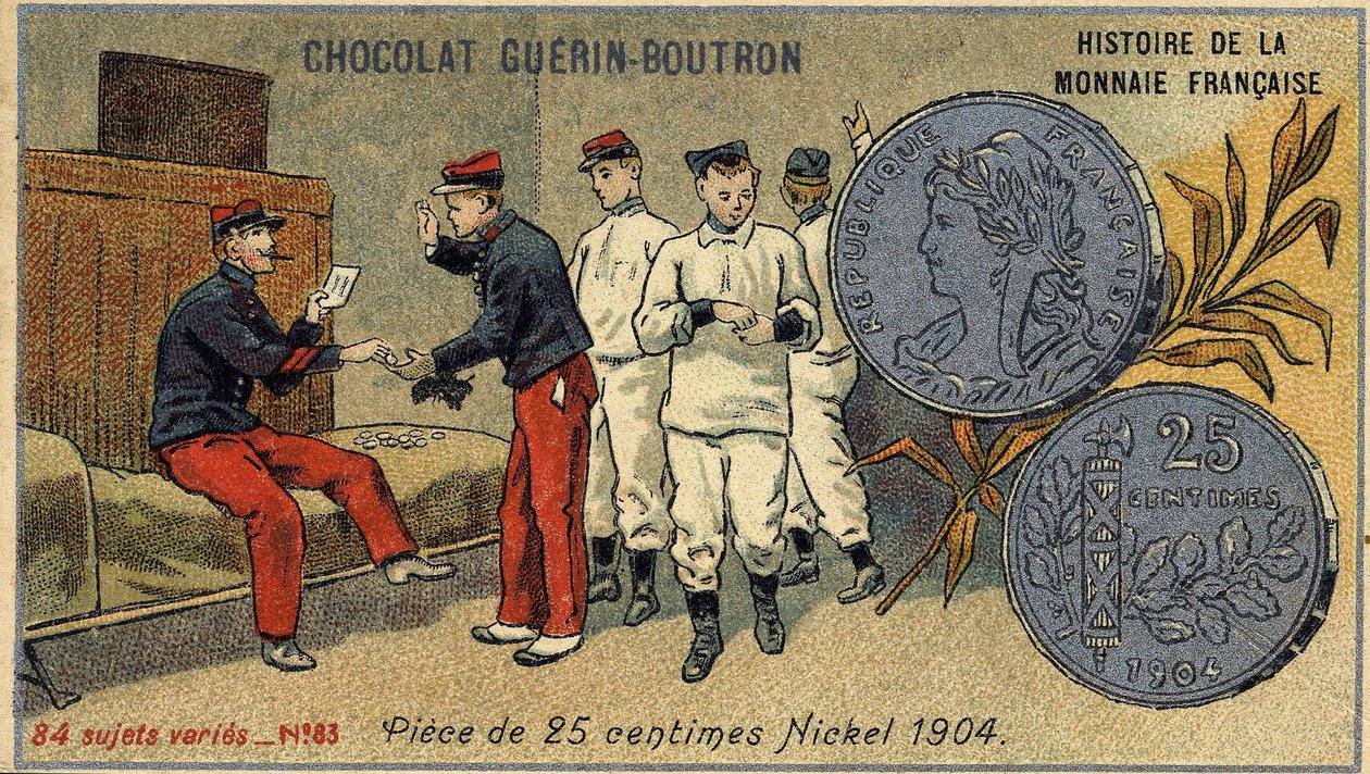 Serien History of the French Currency udgivet af Chocolat Guérin Boutron. 1800-tallets kromolitografi. 25 cent mønt. Nikkel 1904 af Unknown artist