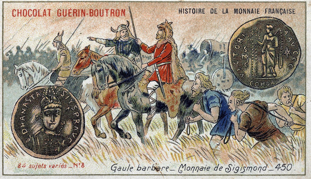 Serien History of the French Currency udgivet af Chocolat Guérin Boutron. 1800-tallets kromolitografi. Barbar Gallien. Sigismond valuta. af Unknown artist