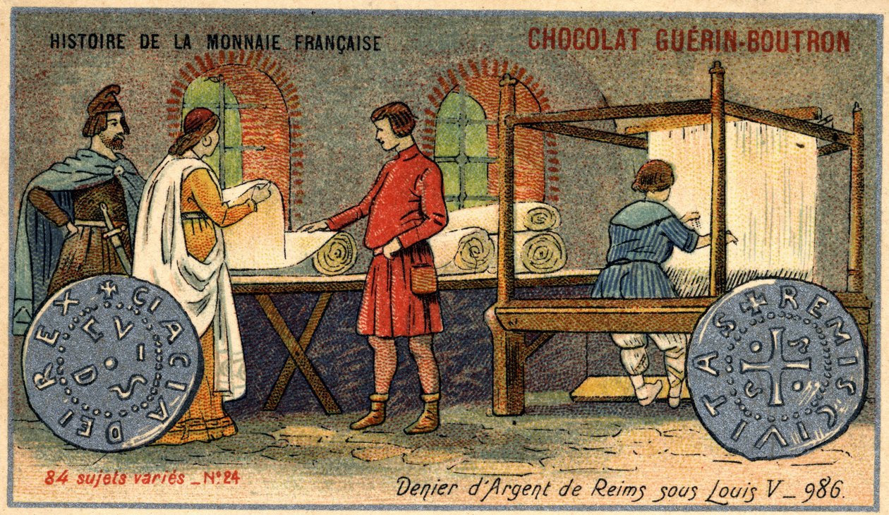 Serien History of the French Currency udgivet af Chocolat Guérin Boutron. 1800-tallets kromolitografi. The Silver Denier of Reims under Louis V. i 986 af Unknown artist